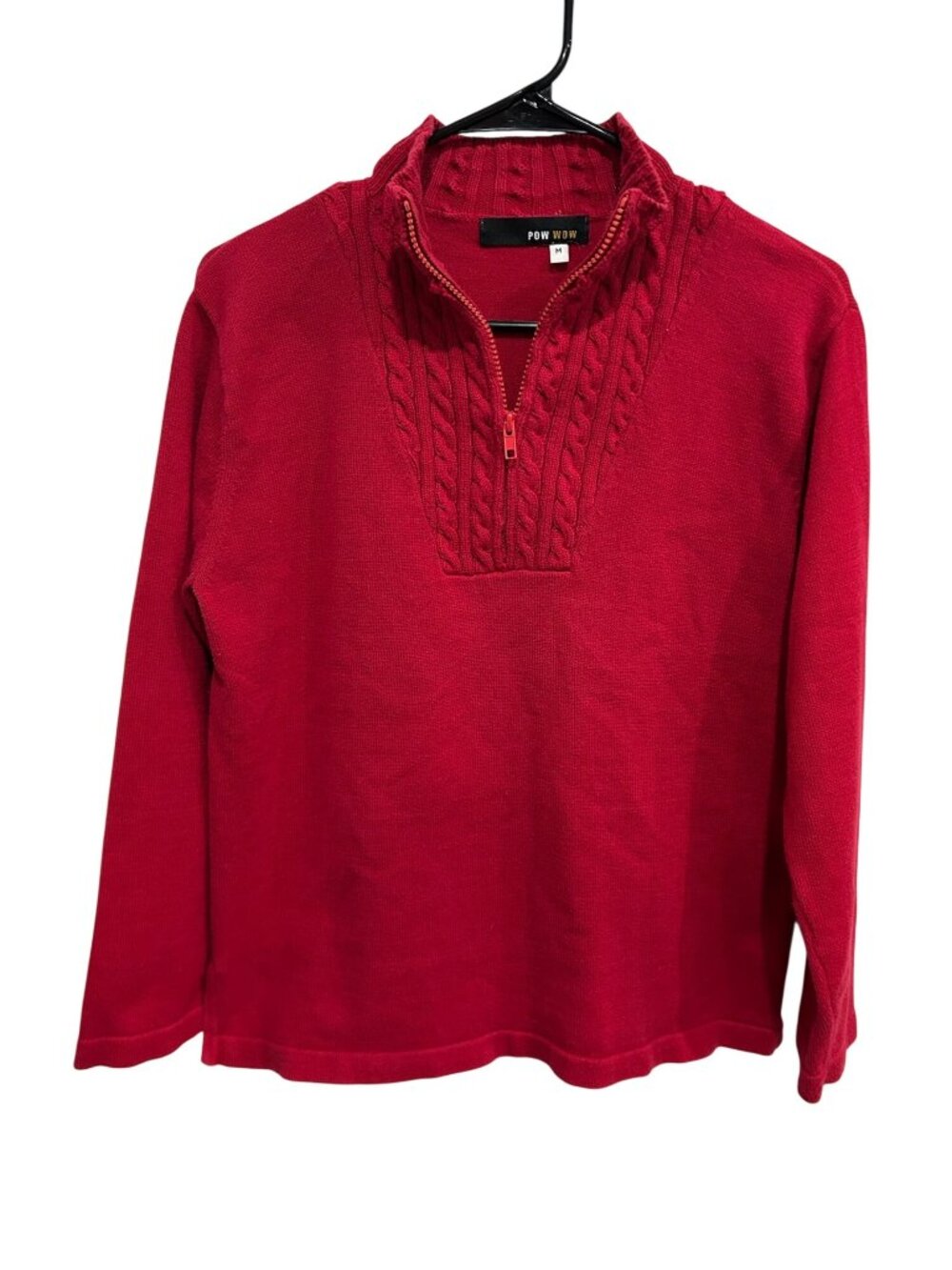 Pow Wow Red Cable Knit Quarter Zip Pullover Sweater Size Medium Classic Preppy